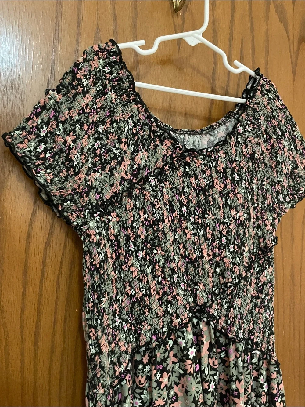 wonder nation Black Floral Smocked Dress with Pink & Green Print